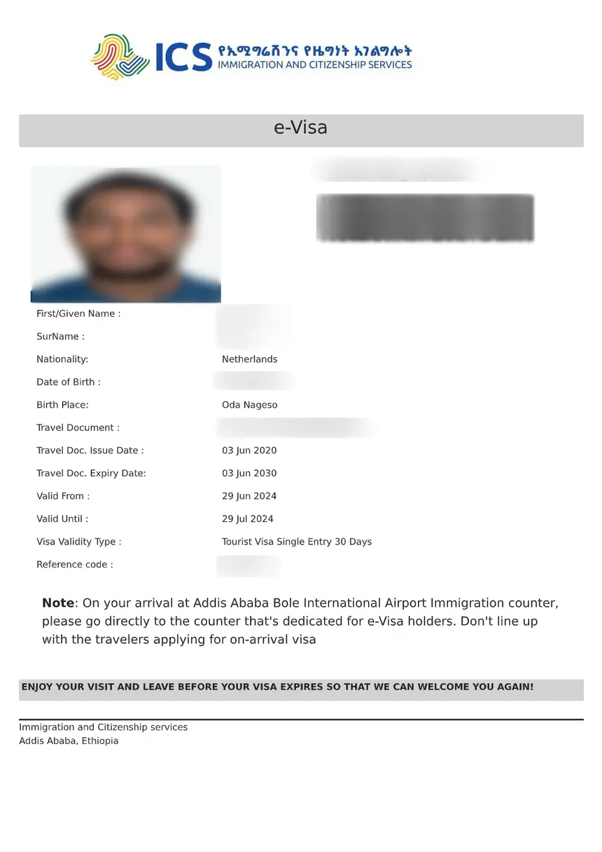 Ethiopia Evisa eVisa sample